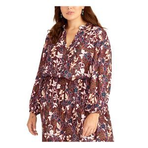 Q+A Los Angeles Womens Burgundy Floral Long Sleeve V Neck Top Plus Size: 3X